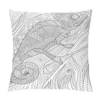 Personality  Coloring Book Page With Iguana Climbing On Tree With Detailed Background. Pillow Covers