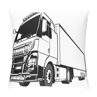 Personality  Lorry Big Rig Truck - Black And White Outlined Illustration, Vector Pillow Covers