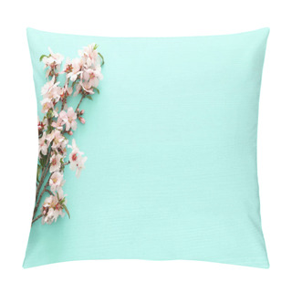 Personality  Photo Of Spring White Cherry Blossom Tree On Pastel Mint Wooden Background. View From Above, Flat Lay Pillow Covers