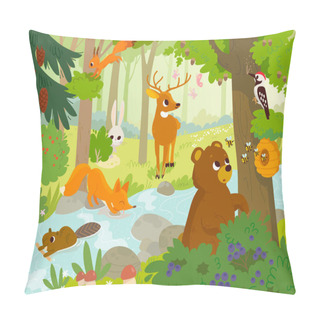 Personality  Cartoon Vector Animals That Live In The Forest. Forest Fauna. Forest Inhabitants. Bear Looking For Honey. Woodpecker Hollows The Hollow. Pillow Covers