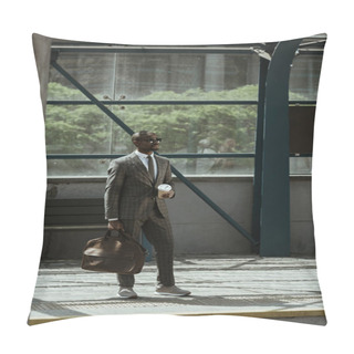 Personality  Young African American Businessman With Briefcase And Coffee Cup Standing On Public Transport Station Pillow Covers