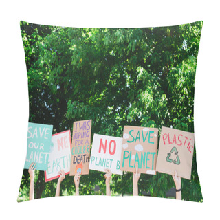 Personality  People Holding Placards With Save Planet And Plastic Recycle Lettering With Trees At Background, Ecology Concept Pillow Covers