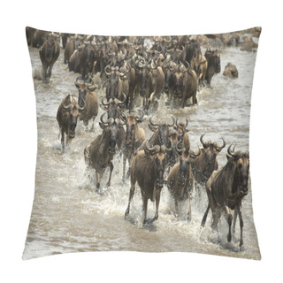 Personality  Wildebeest Running In River In The Serengeti, Tanzania, Africa Pillow Covers