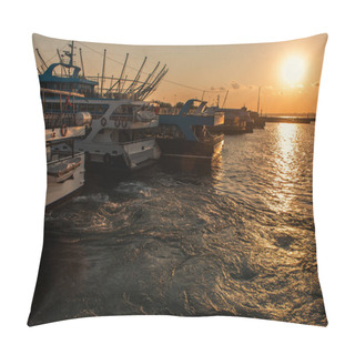 Personality  Boats On Sea Water With Sun In Sky During Sunset, Istanbul, Turkey  Pillow Covers