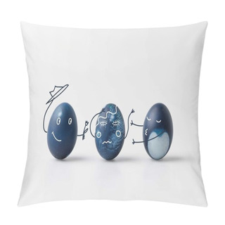 Personality  Three Blue Painted Easter Eggs With Comic Drawn Faces On White Surface Pillow Covers