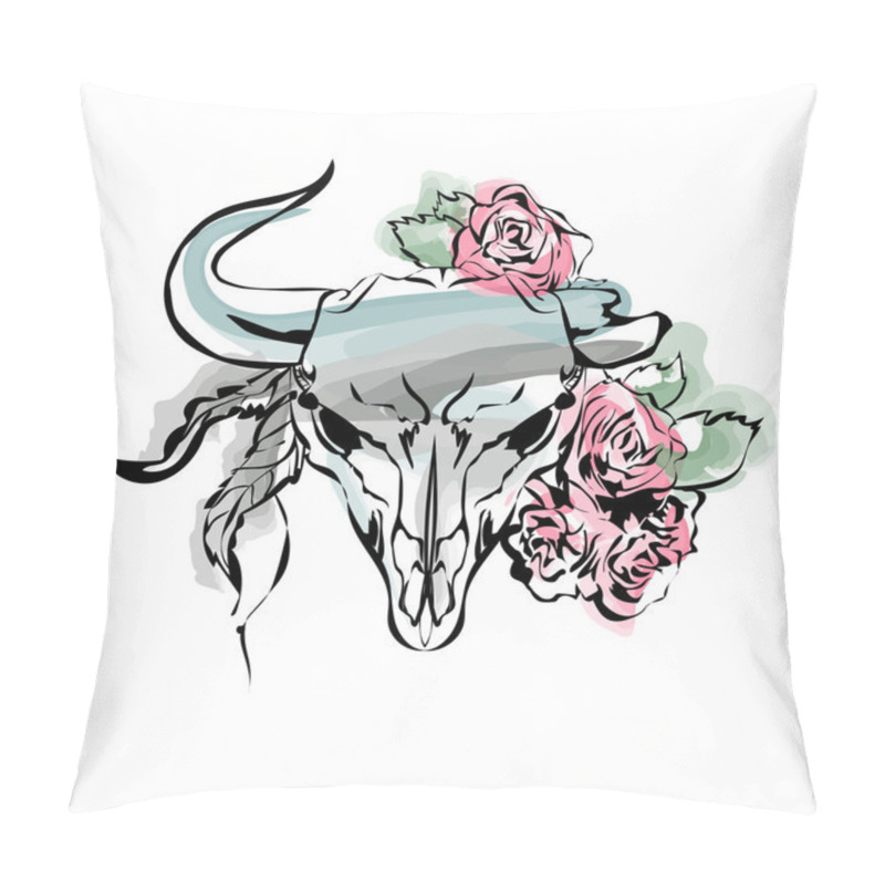 Personality  Watercolor bull's head with flowers and feathers pillow covers