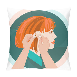 Personality  Hearing Loss Concept.Doctors Hands Putting A Hearing Aid On The Ear Vector Illustration.Young Female Character With Hearing System Icon,logo,poster Illustration Design. Pillow Covers