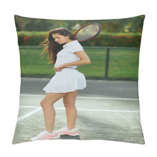 Personality  Vacation Concept, Attractive Young Woman With Brunette Long Hair Standing In White Outfit, Skirt And Polo Shirt While Holding Racket In Tennis Court In Miami, Florida, Female Player, Travel Pillow Covers