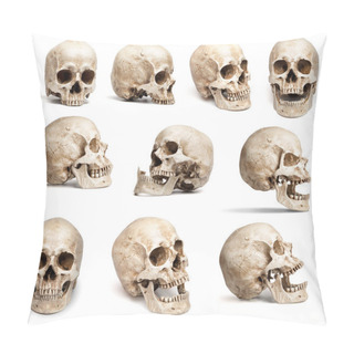 Personality  Set Of Human Skulls In Different Angles. Isolated On White Background Pillow Covers