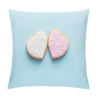 Personality  Top View Of Two Glazed Heart Shaped Cookies Isolated On Blue, St Valentines Day Holiday Concept Pillow Covers