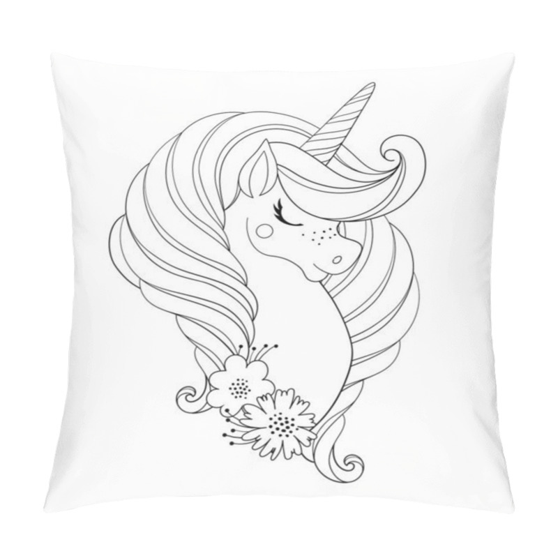 Personality  Unicorn head with flowers. Beautiful portrait of a magic horse. Drawing coloring book for a girl, linear sketch for design. Vector doodle illustration isolated on white background. pillow covers