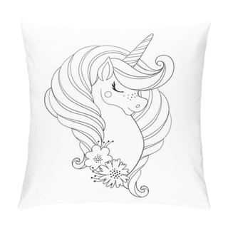 Personality  Unicorn Head With Flowers. Beautiful Portrait Of A Magic Horse. Drawing Coloring Book For A Girl, Linear Sketch For Design. Vector Doodle Illustration Isolated On White Background. Pillow Covers