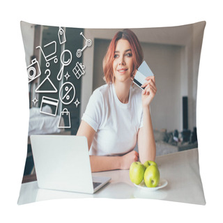 Personality  Positive Girl Shopping Online With Laptop And Credit Cards And Shopping Signs On Kitchen With Apples During Self Isolation  Pillow Covers