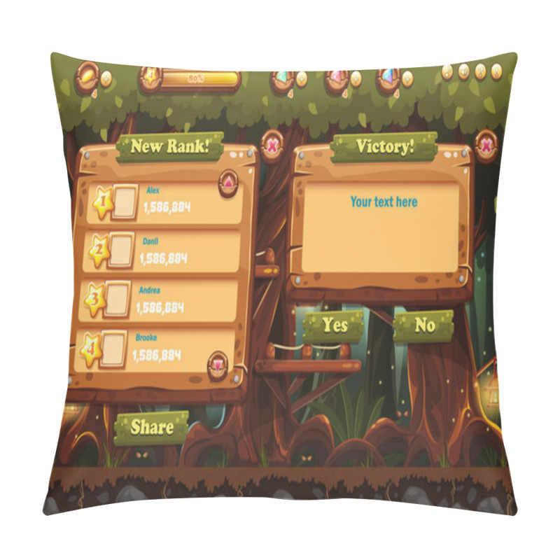 Personality  Illustration Of The Fairy Forest At Night With Flashlights And Examples Of Screens, Buttons, Bars Progression For Computer Games And Web Design. Set 3. Pillow Covers