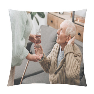 Personality  Senior Woman Helping To Old Man With Walking Stick And Giving Pills  Pillow Covers