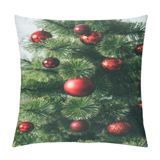 Personality  Close Up View Of Red Christmas Balls On Christmas Tree Pillow Covers