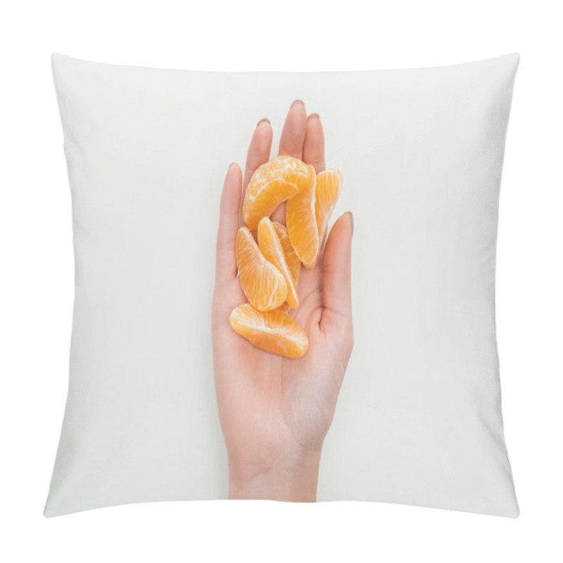 Personality  Partial View Of Woman Holding Peeled Tangerine Slices On White Background Pillow Covers