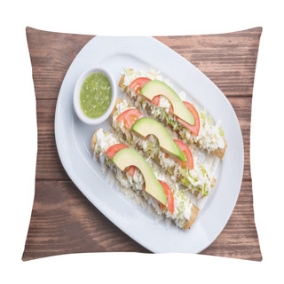 Personality  Mexican Flutes, Golden Tacos. Traditional Mexican Food. Traditional Mexican Tacos With Tomato, Avocado And Green Hot Sauce. Gourmet Mexican Food Pillow Covers