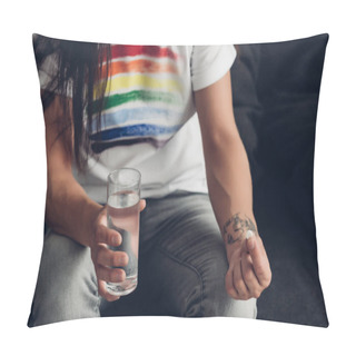 Personality  Cropped Shot Of Man In T-shirt With Pride Flag Holding Glass Of Water And Pill Pillow Covers