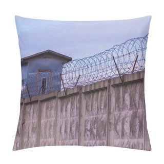 Personality  The Guarding Tower And The Fence With The Barbed Wire Of The Prison Or The Closed Area  Pillow Covers
