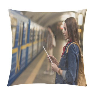 Personality  Young Woman With Earphones And Digital Tablet At Metro Station Pillow Covers