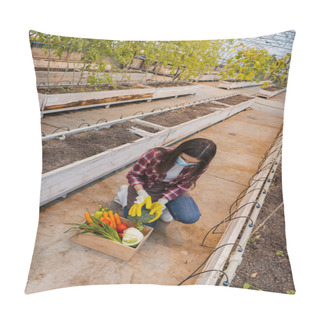 Personality  Farmer In Medical Mask And Gloves Holding Broccoli Near Box With Vegetables In Greenhouse  Pillow Covers