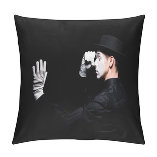 Personality  Mime Pretending Looking In Spyglass Isolated On Black Pillow Covers