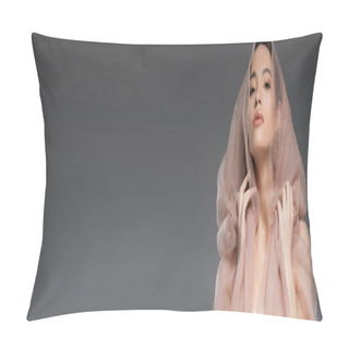 Personality  Elegant Young Asian Woman Looking At Camera And Posing With Beige Cloth Isolated On Grey, Banner Pillow Covers