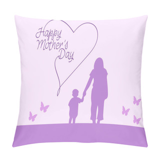 Personality  Illustration Of Mother And Child Holding Hands Near Happy Mothers Day Lettering On Purple Pillow Covers