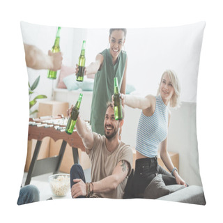 Personality  Smiling Multicultural Friends Cheering With Bottles Of Beer  Pillow Covers