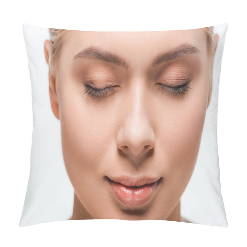 Personality  attractive woman with closed eyes isolated on white  pillow covers