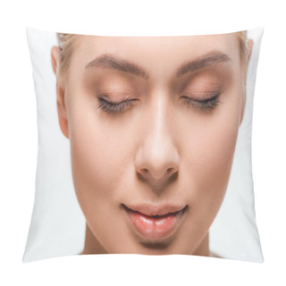 Personality  Attractive Woman With Closed Eyes Isolated On White  Pillow Covers