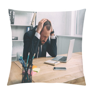 Personality  Portrait Of Stressed Businessman At Workplace With Laptop In Office Pillow Covers