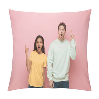 Personality  Excited Interracial Couple Showing Idea Signs While Looking At Camera On Pink Background Pillow Covers