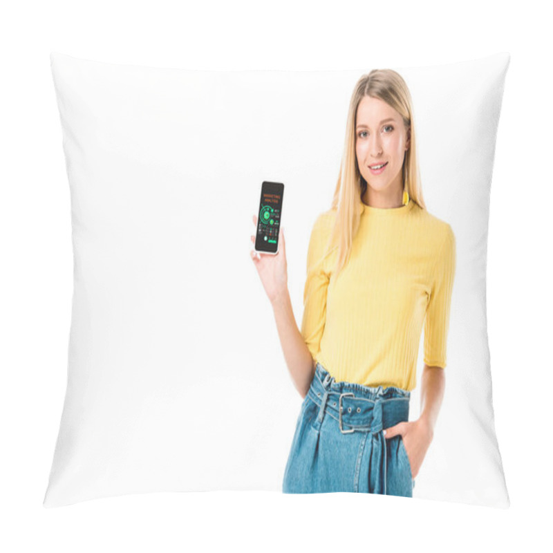 Personality  attractive young woman holding smartphone with marketing analysis app and smiling at camera isolated on white pillow covers