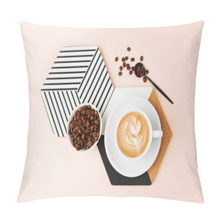 Personality  Coffee With Milk And Coffee Beans On Pink Background Pillow Covers