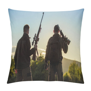 Personality  Hunters Rifles Nature Environment. That Was Great Day. Finish Hunting Season. Enjoy Sunset In Mountains. Hunters Friends Enjoy Leisure. Hunters Friends Gamekeepers With Guns Silhouette Sky Background Pillow Covers