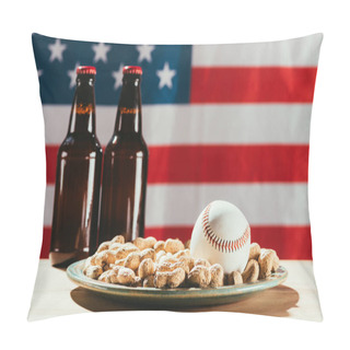 Personality  Close-up View Of Baseball Ball On Plate With Peanuts And Beer Bottles With Us Flag Behind Pillow Covers
