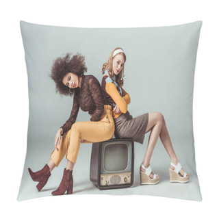 Personality  Multicultural Retro Styled Girls Sitting On Vintage Television And Looking At Camera On Grey Pillow Covers