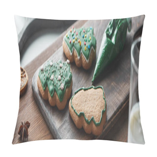 Personality  Selective Focus Of Baked Christmas Cookies Near Pastry Bag On Wooden Table, Panoramic Shot Pillow Covers