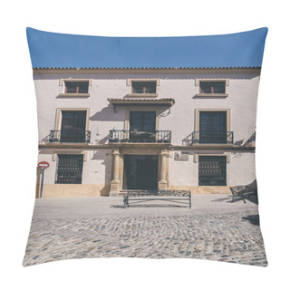 Personality  Facade Of Small Spanish Building Under Blue Sky Pillow Covers