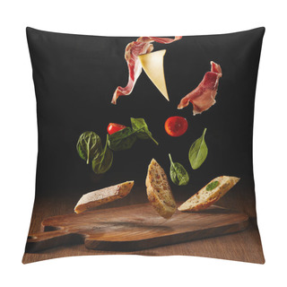 Personality  Fresh Salad With Jamon And Cheese For Sandwich Falling On Wooden Cutting Board Pillow Covers