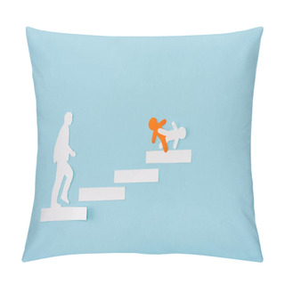 Personality  Top View Of Paper Orange And White Men On Career Ladder On Blue  Pillow Covers