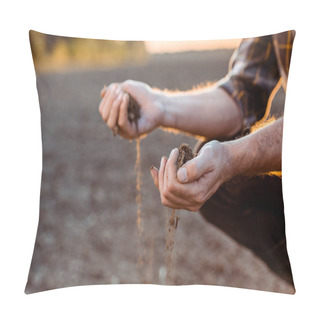 Personality  Selective Focus Of Self-employed Farmer Sowing Seeds In Evening  Pillow Covers