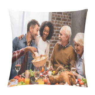 Personality  Selective Focus Of African American Girl Taking Bun Near Joyful Family On Thanksgiving  Pillow Covers