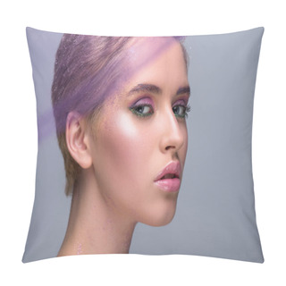 Personality  Attractive Woman With Violet Makeup Looking At Camera Isolated On Grey Pillow Covers