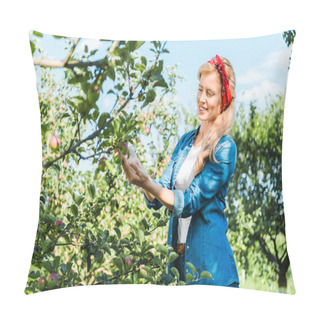 Personality  Beautiful Farmer Touching Apple On Tree In Garden Pillow Covers