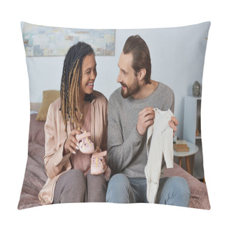 Personality  Happy Interracial Couple Holding Cute Baby Clothes, Tiny Shoes, Future Parents, Expectation Pillow Covers