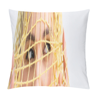 Personality  Cropped View Of Woman Looking Through Yellow String Bag On White Background, Panoramic Shot Pillow Covers