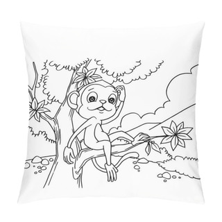 Personality  Cartoon Monkey Playing In The Forest Coloring Page Vector. Pillow Covers